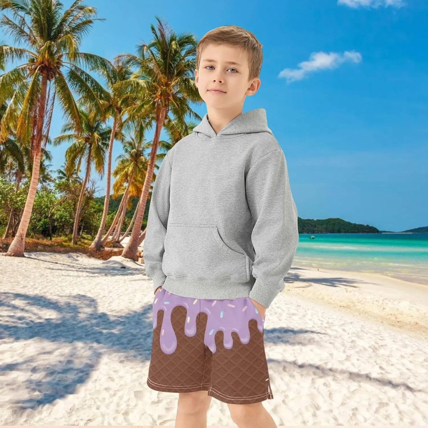 Boys Casual Shorts Ice Cream Kids Athletic Basketball Hiking Gym Shorts with Pocket for Outdoor Sports 7-15Y
