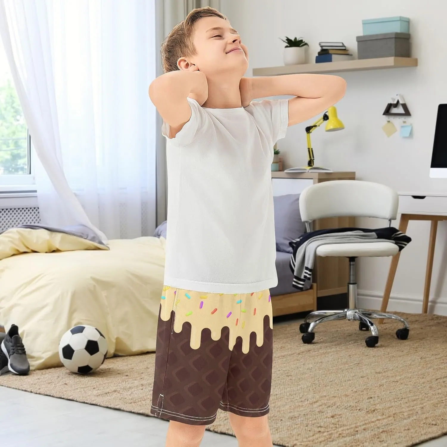Boys Casual Shorts Ice Cream Kids Athletic Basketball Hiking Gym Shorts with Pocket for Outdoor Sports 7-15Y