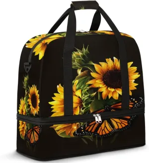 Butterfly Sunflower Travel Duffel Bag for Women Men, Sunflower Pattern Sports Gym Bag with Shoes Compartment Foldable Overnight Bag Weekender Tote Workout Carry On Luggage Bag