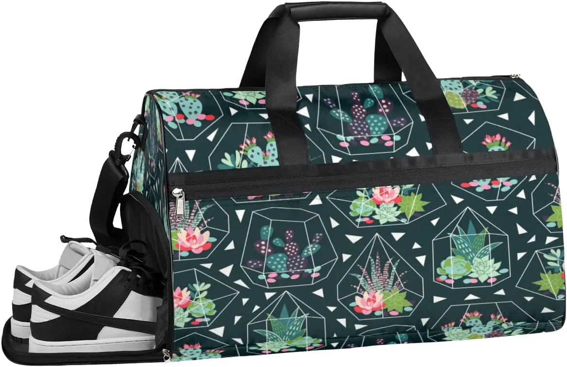 Cactus Plant Pattern Sports Gym Bag with Wet Pocket & Shoes Compartment Waterproof Workout Duffel Bag for Women and Men Weekender Overnight Duffle Bag Travel Carry-on Tote