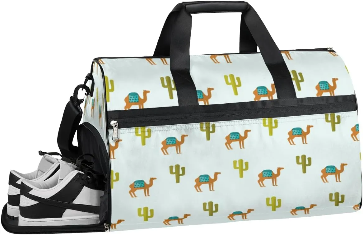 Camel Cactus Animal Sports Gym Bag with Wet Pocket & Shoes Compartment Waterproof Workout Duffel Bag for Women and Men Weekender Overnight Duffle Bag Travel Carry-on Tote