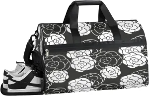 Camellia Black Flower Sports Gym Bag with Wet Pocket & Shoes Compartment Waterproof Workout Duffel Bag for Women and Men Weekender Overnight Duffle Bag Travel Carry-on Tote