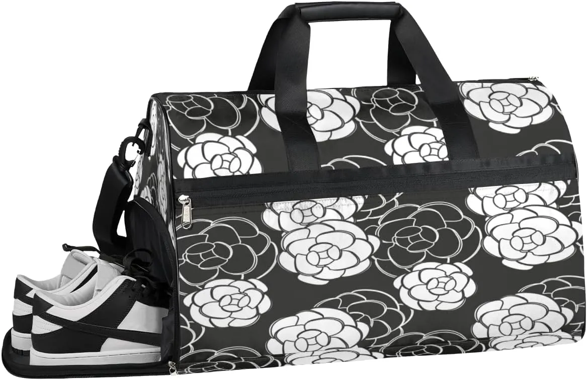 Camellia Black Flower Sports Gym Bag with Wet Pocket & Shoes Compartment Waterproof Workout Duffel Bag for Women and Men Weekender Overnight Duffle Bag Travel Carry-on Tote