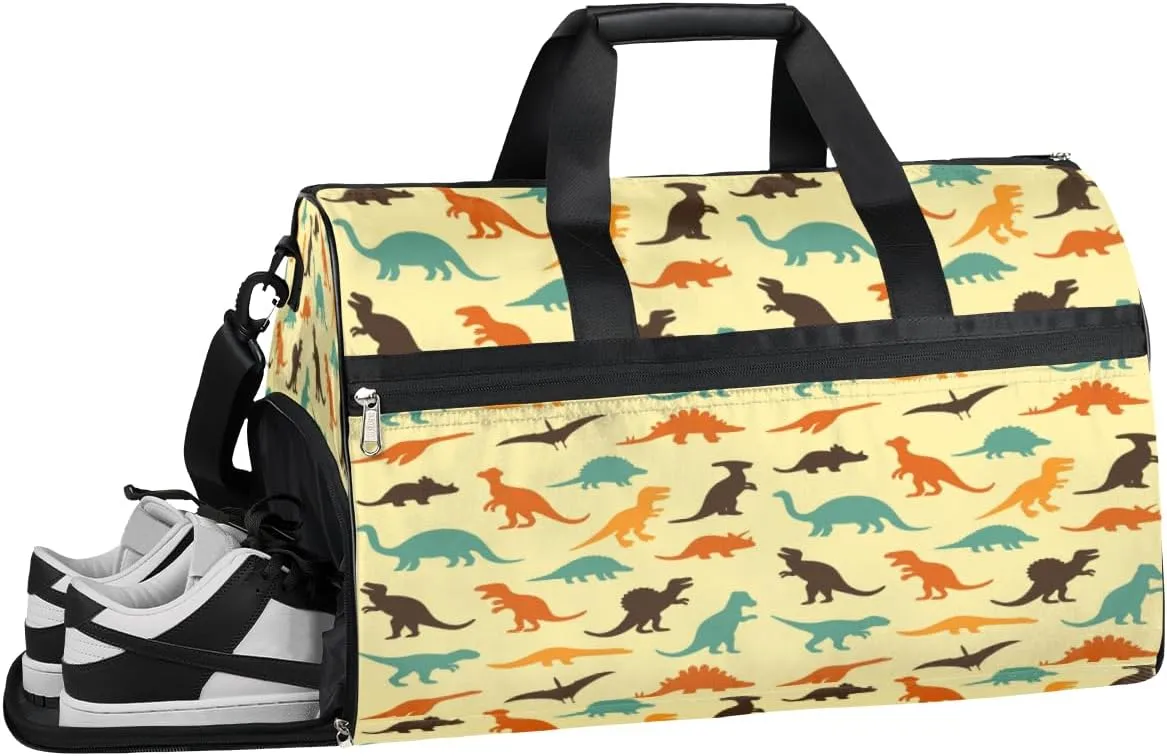Cartoon Animal Dinosaur Sports Gym Bag with Wet Pocket & Shoes Compartment Waterproof Workout Duffel Bag for Women and Men Weekender Overnight Duffle Bag Travel Carry-on Tote