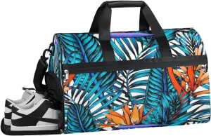 Cartoon Palm Leaf Sports Gym Bag with Wet Pocket & Shoes Compartment Waterproof Workout Duffel Bag for Women and Men Weekender Overnight Duffle Bag Travel Carry-on Tote