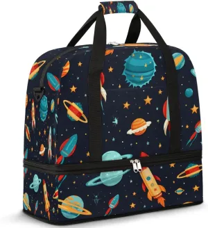 Cartoon Rockets Travel Duffel Bag for Women Men, Space Planet Sports Gym Bag with Shoes Compartment Foldable Overnight Bag Weekender Tote Workout Carry On Luggage Bag