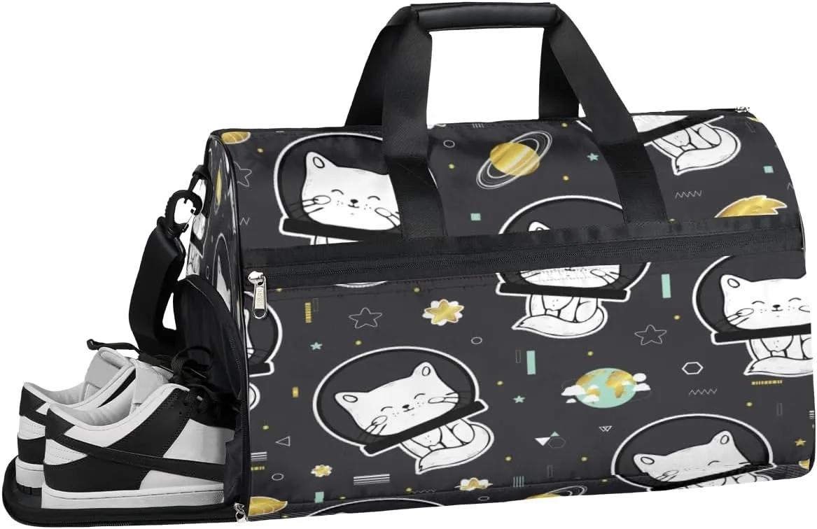 Cat Planet Sports Gym Bag with Wet Pocket & Shoes Compartment Waterproof Workout Duffel Bag for Women and Men Weekender Overnight Duffle Bag Travel Carry-on Tote
