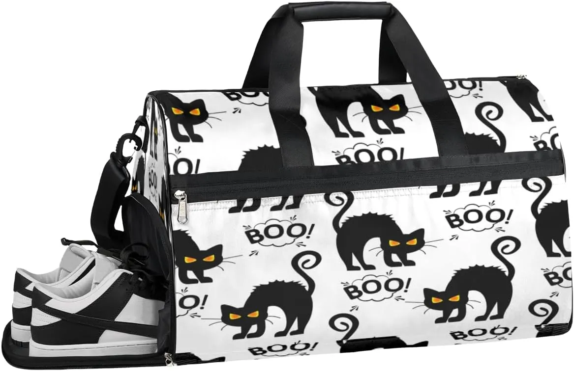 Cats Black Pattern Sports Gym Bag with Wet Pocket & Shoes Compartment Waterproof Workout Duffel Bag for Women and Men Weekender Overnight Duffle Bag Travel Carry-on Tote