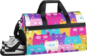 Colorful Cat Funny Sports Gym Bag for Women and Men Travel Duffel Bag Overnight Shoulder Bag Waterproof Workout Bag Portable Sports Tote with Shoes Compartment
