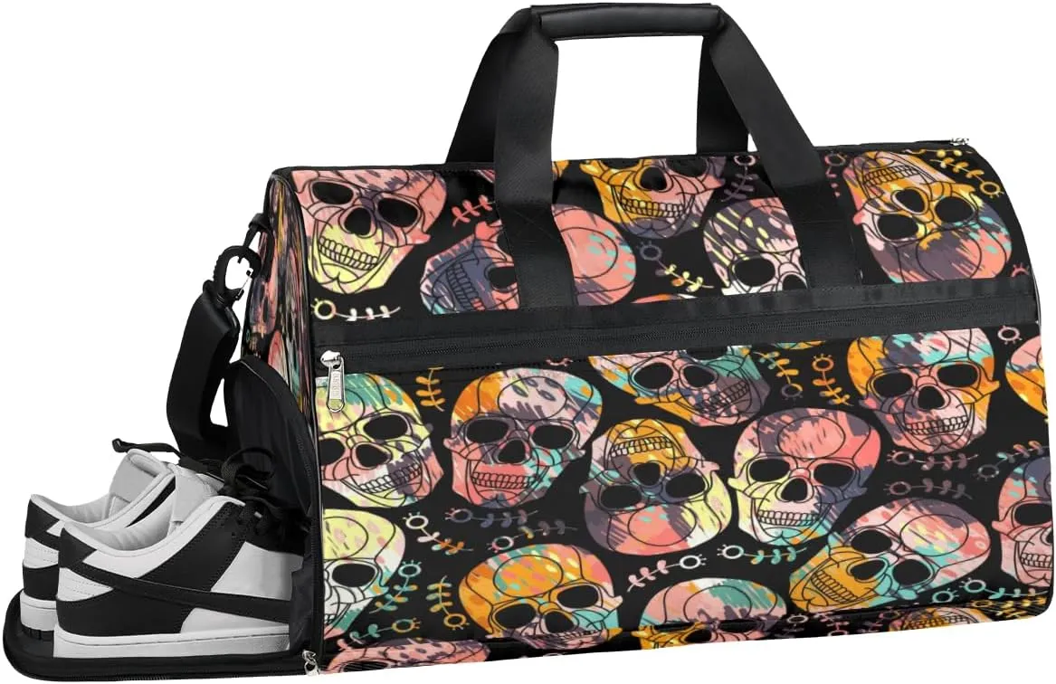 Colorful Skulls Sports Gym Bag with Wet Pocket & Shoes Compartment Waterproof Workout Duffel Bag for Women and Men Weekender Overnight Duffle Bag Travel Carry-on Tote