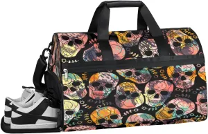 Colorful Skulls Sports Gym Bag with Wet Pocket & Shoes Compartment Waterproof Workout Duffel Bag for Women and Men Weekender Overnight Duffle Bag Travel Carry-on Tote