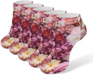 Colorful Yellow Red Rose Flower 5 Pairs Low Cut Ankle Socks for Men Women Athletic Running Socks No Show Breathable