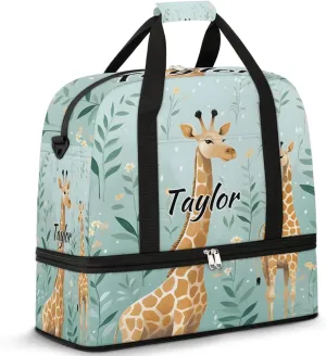 Customized Gym Bag for Women, Personalized Giraffe Themed Travel Duffel Bag with Name, Cute Giraffe Weekender Overnight Bag with Shoes Compartment for Men Travel Yoga