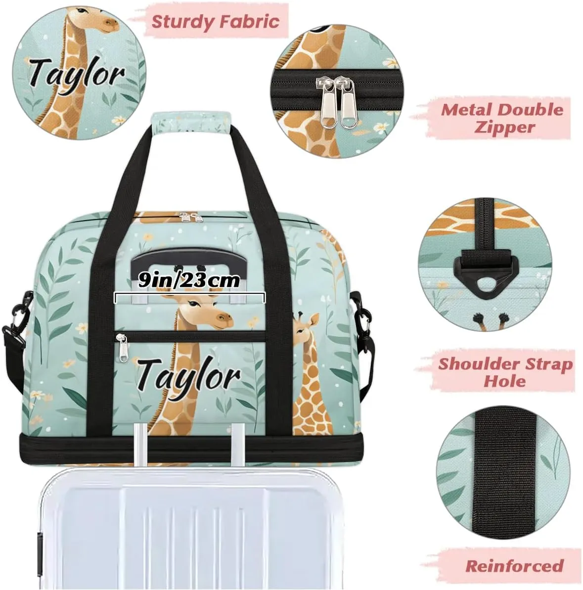 Customized Gym Bag for Women, Personalized Giraffe Themed Travel Duffel Bag with Name, Cute Giraffe Weekender Overnight Bag with Shoes Compartment for Men Travel Yoga