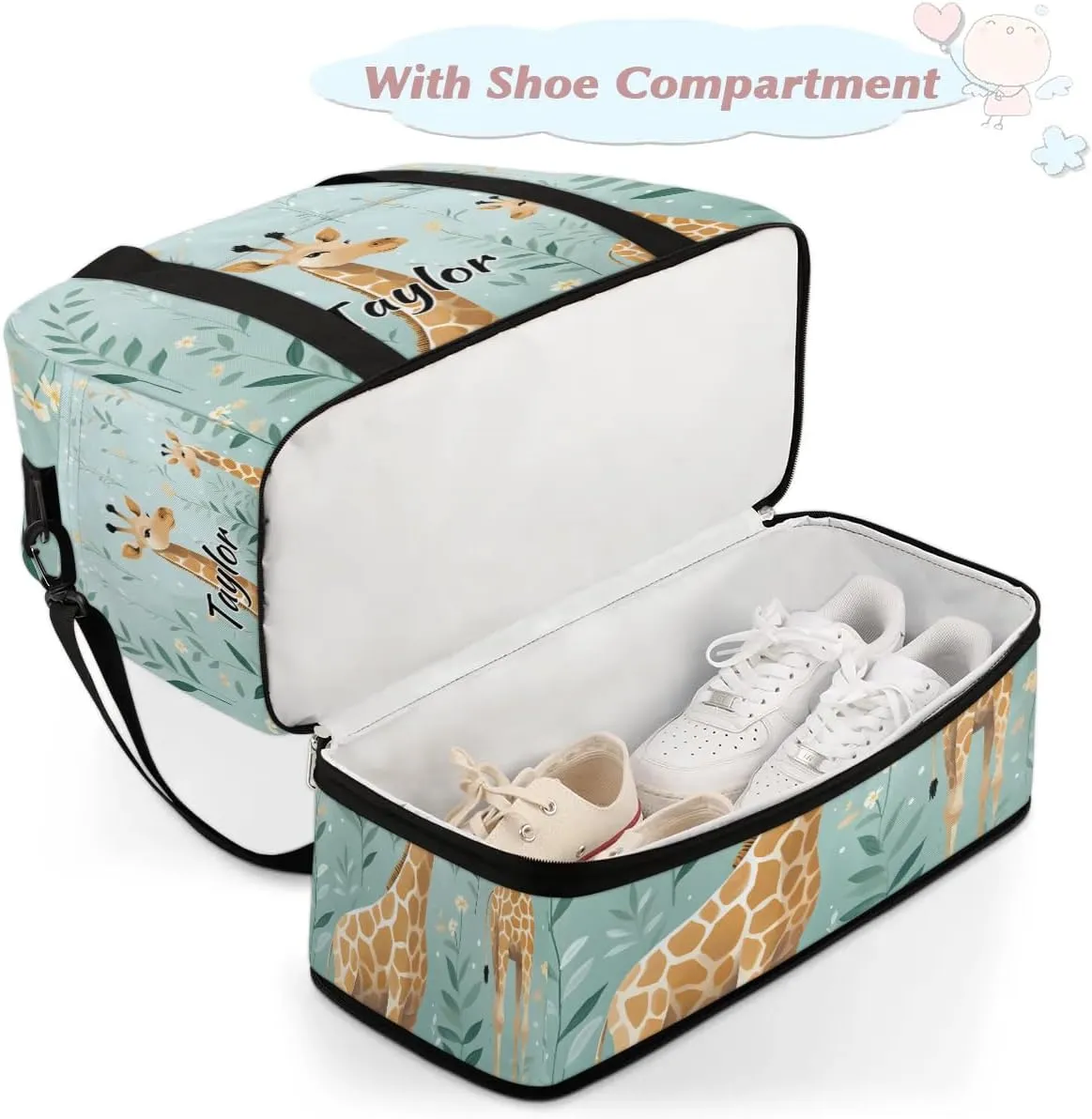 Customized Gym Bag for Women, Personalized Giraffe Themed Travel Duffel Bag with Name, Cute Giraffe Weekender Overnight Bag with Shoes Compartment for Men Travel Yoga