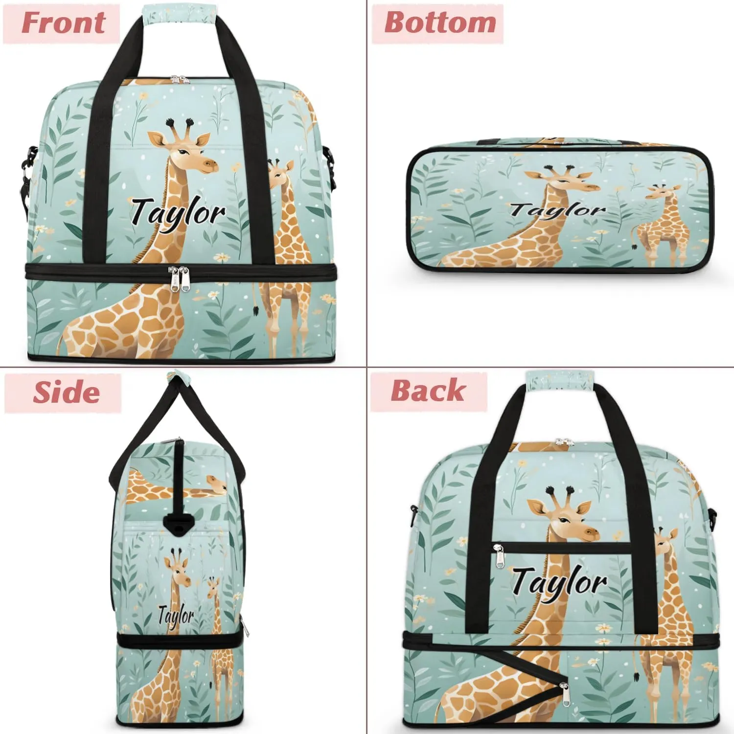 Customized Gym Bag for Women, Personalized Giraffe Themed Travel Duffel Bag with Name, Cute Giraffe Weekender Overnight Bag with Shoes Compartment for Men Travel Yoga