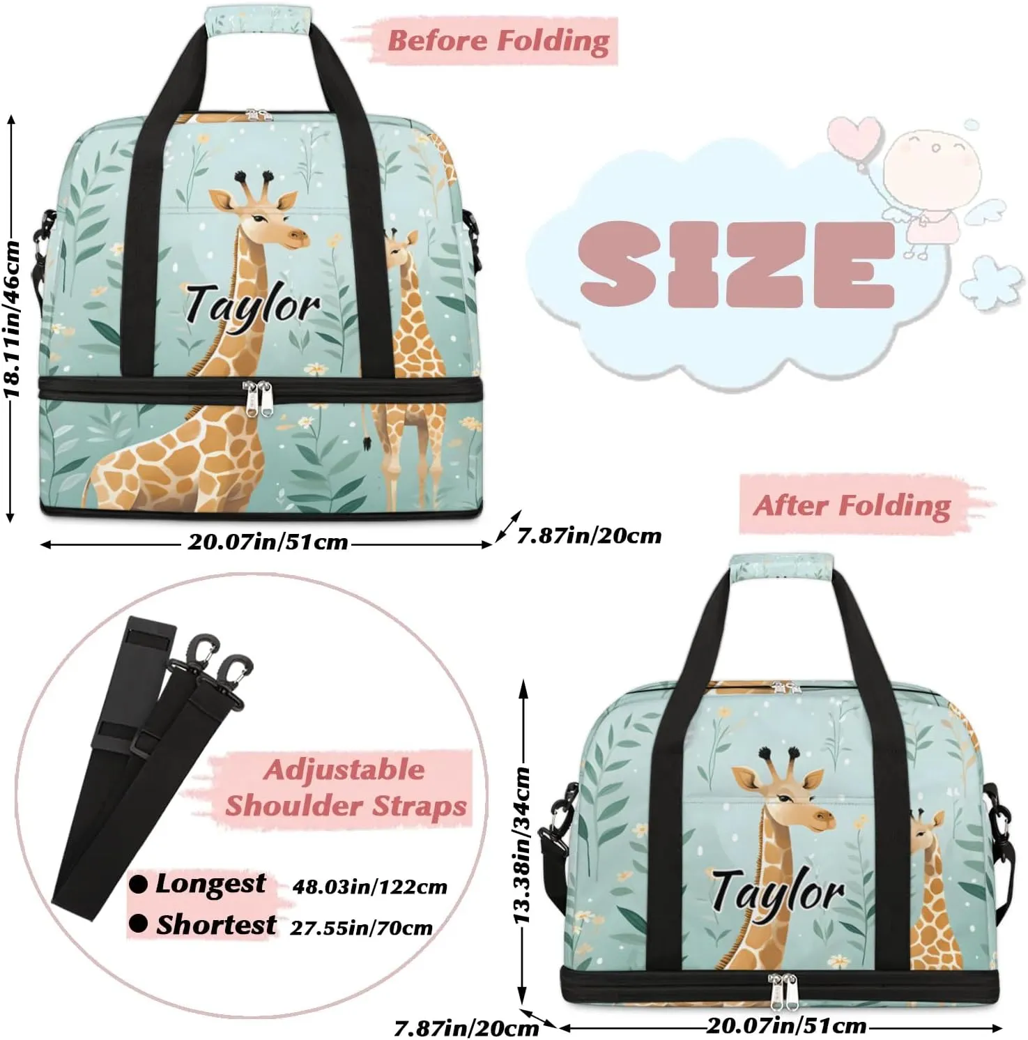 Customized Gym Bag for Women, Personalized Giraffe Themed Travel Duffel Bag with Name, Cute Giraffe Weekender Overnight Bag with Shoes Compartment for Men Travel Yoga