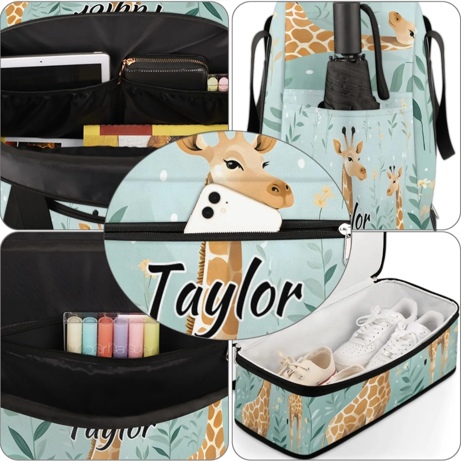 Customized Gym Bag for Women, Personalized Giraffe Themed Travel Duffel Bag with Name, Cute Giraffe Weekender Overnight Bag with Shoes Compartment for Men Travel Yoga