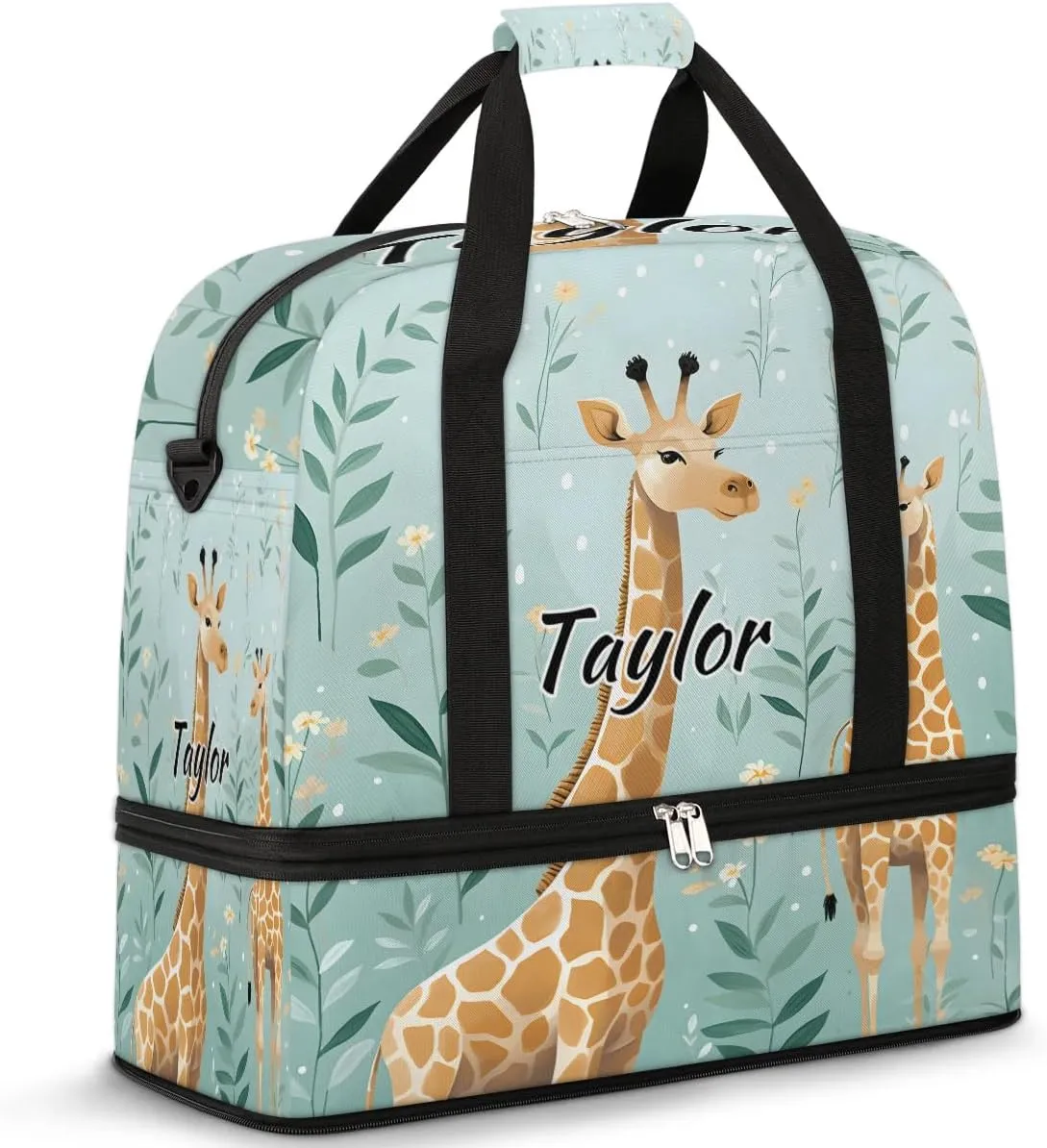 Customized Gym Bag for Women, Personalized Giraffe Themed Travel Duffel Bag with Name, Cute Giraffe Weekender Overnight Bag with Shoes Compartment for Men Travel Yoga