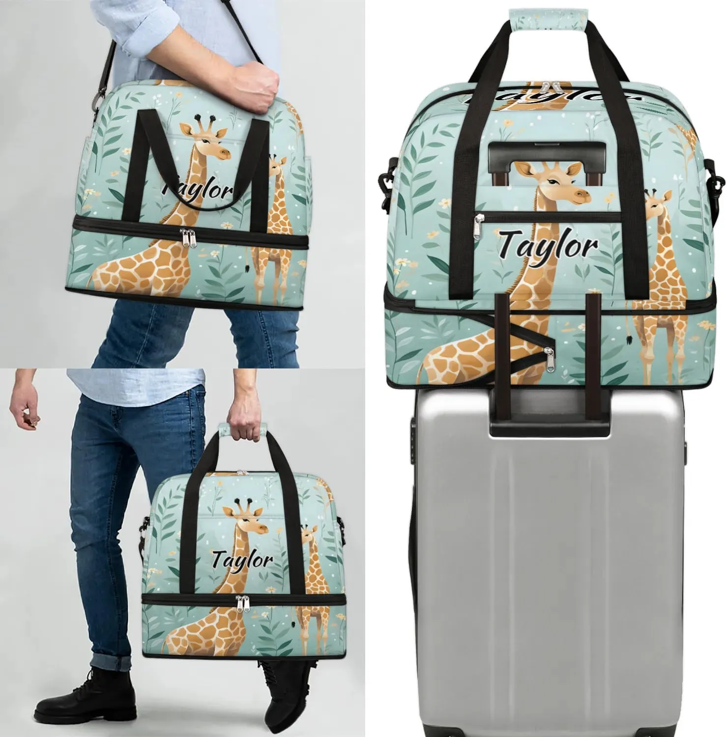Customized Gym Bag for Women, Personalized Giraffe Themed Travel Duffel Bag with Name, Cute Giraffe Weekender Overnight Bag with Shoes Compartment for Men Travel Yoga
