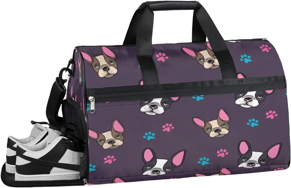 Cute Bulldog Sports Gym Bag with Wet Pocket & Shoes Compartment Waterproof Workout Duffel Bag for Women and Men Weekender Overnight Duffle Bag Travel Carry-on Tote