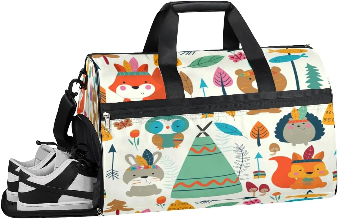 Cute Cartoon Tribal Animals Sports Gym Bag with Wet Pocket & Shoes Compartment Waterproof Workout Duffel Bag for Women and Men Weekender Overnight Duffle Bag Travel Carry-on Tote