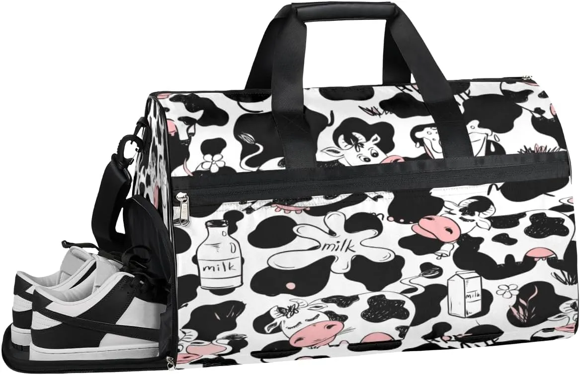 Cute Cow Print Sports Gym Bag with Wet Pocket & Shoes Compartment Waterproof Workout Duffel Bag for Women and Men Weekender Overnight Duffle Bag Travel Carry-on Tote