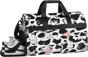 Cute Cow Print Sports Gym Bag with Wet Pocket & Shoes Compartment Waterproof Workout Duffel Bag for Women and Men Weekender Overnight Duffle Bag Travel Carry-on Tote