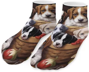 Cute Dogs in Basket Cute Ankle Socks 1 Pairs Low Cut No Show Sock Breathable Stocking for Men Women