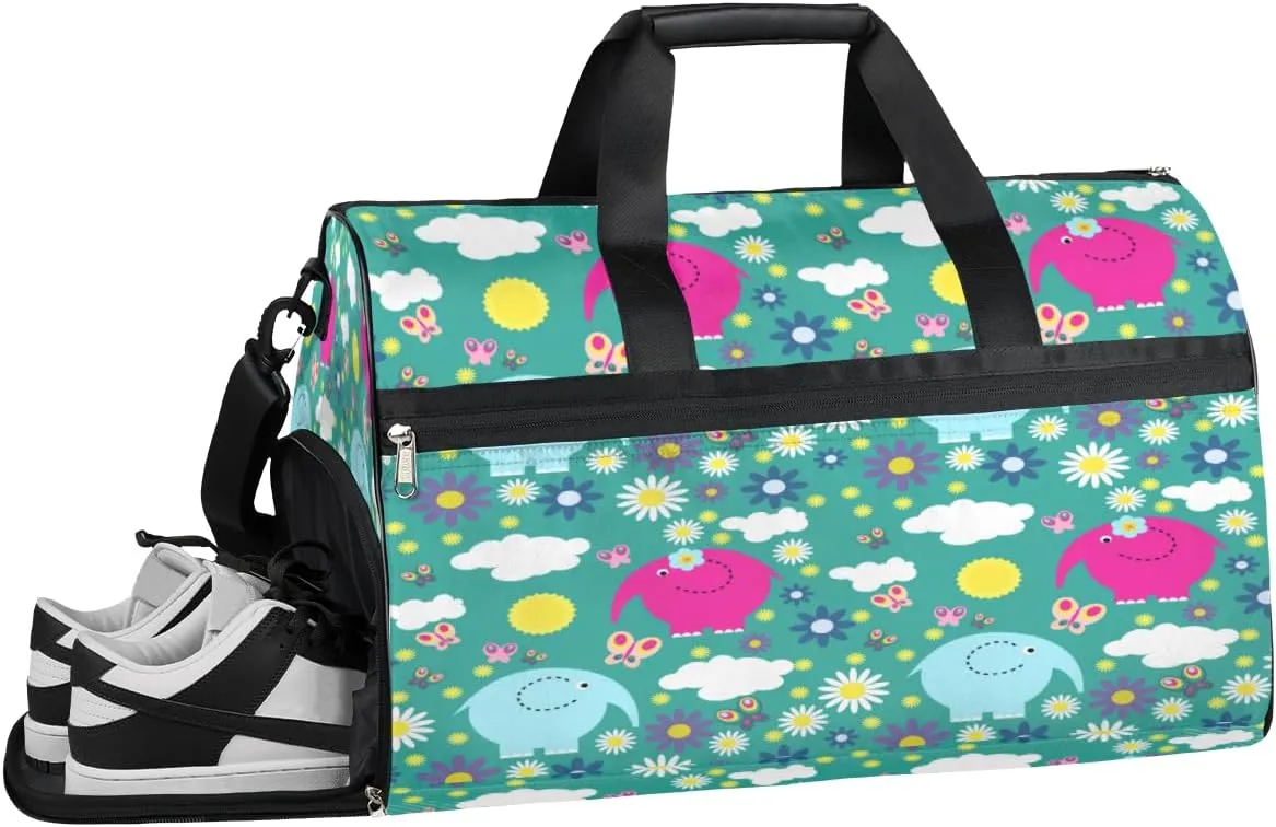 Cute Elephant Design Sports Gym Bag with Wet Pocket & Shoes Compartment Waterproof Workout Duffel Bag for Women and Men Weekender Overnight Duffle Bag Travel Carry-on Tote