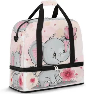 Cute Elephant Travel Duffel Bag for Women Men, Elephant Flower Sports Gym Bag with Shoes Compartment Foldable Overnight Bag Weekender Tote Workout Carry On Luggage Bag