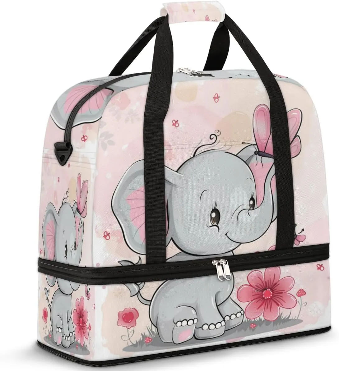 Cute Elephant Travel Duffel Bag for Women Men, Elephant Flower Sports Gym Bag with Shoes Compartment Foldable Overnight Bag Weekender Tote Workout Carry On Luggage Bag