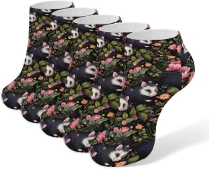 Cute Possum Flowers 5 Pairs Low Cut Ankle Socks for Men Women Athletic Running Socks No Show Breathable