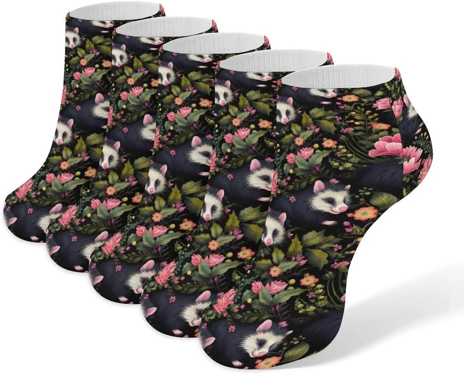 Cute Possum Flowers 5 Pairs Low Cut Ankle Socks for Men Women Athletic Running Socks No Show Breathable