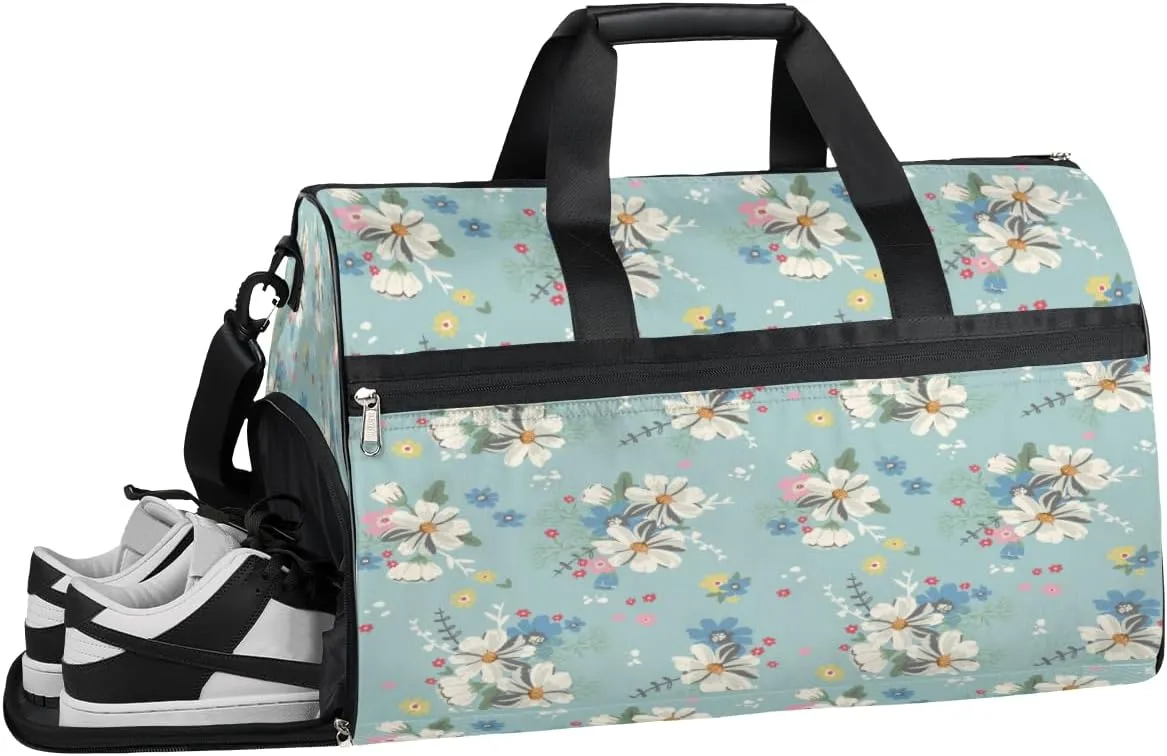 Daisy Aesthetic Sports Gym Bag for Women and Men Travel Duffel Bag Flower Overnight Shoulder Bag Waterproof Workout Bag Portable Sports Tote with Shoes Compartment