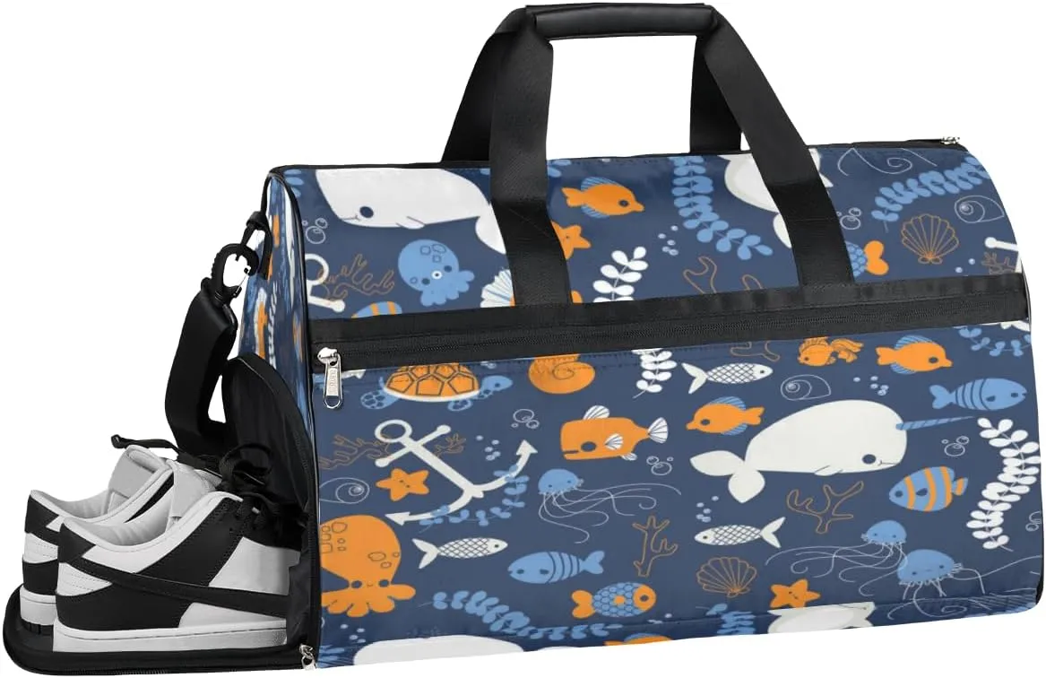 Dolphin Starfish Coral Sports Gym Bag with Wet Pocket & Shoes Compartment Waterproof Workout Duffel Bag for Women and Men Weekender Overnight Duffle Bag Travel Carry-on Tote
