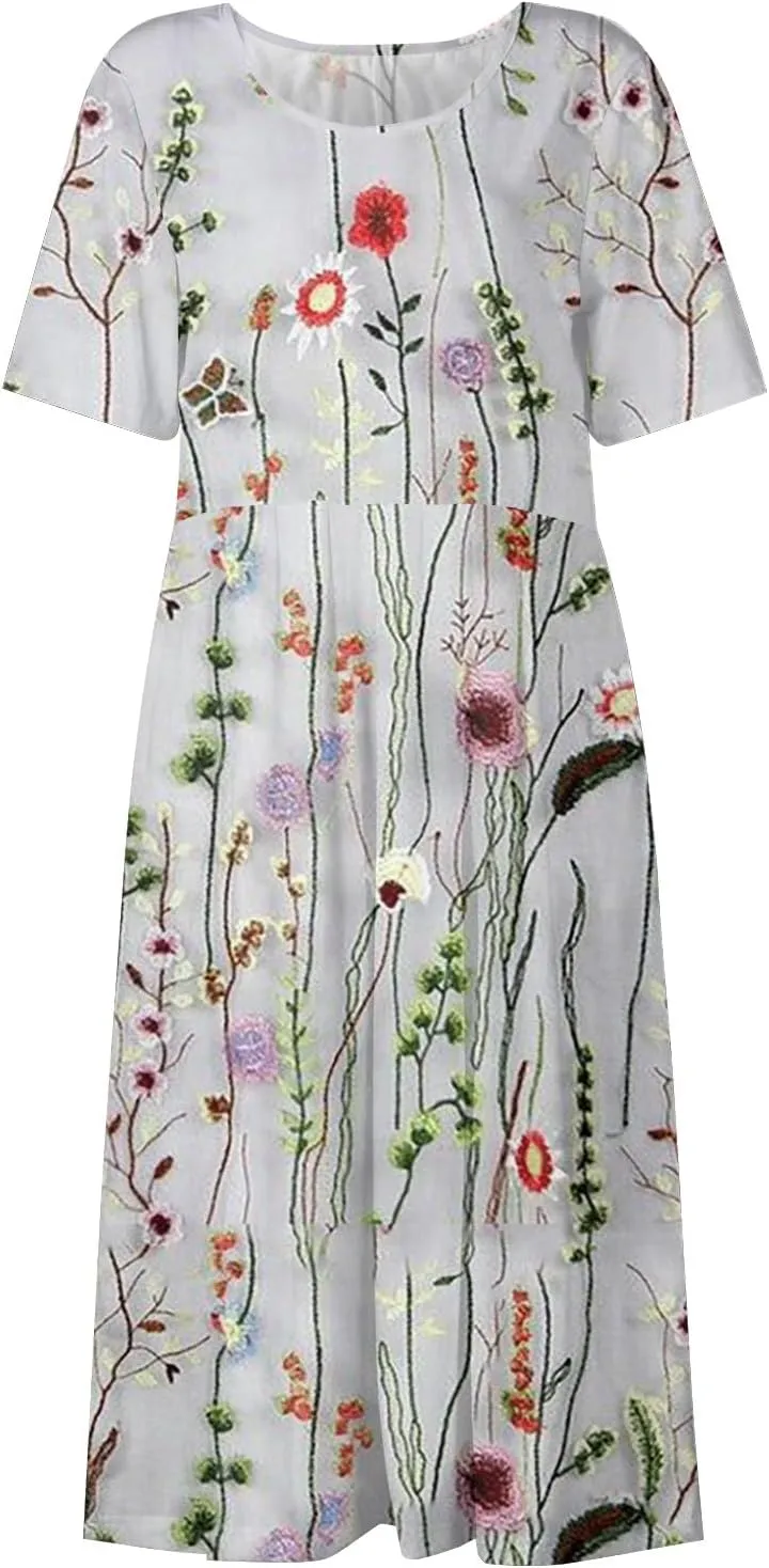Dresses for Women 2024 Pocket Pleated Long Dresses Printed Short Sleeve Maxi Dress Round Neck Trendy Beach Dress
