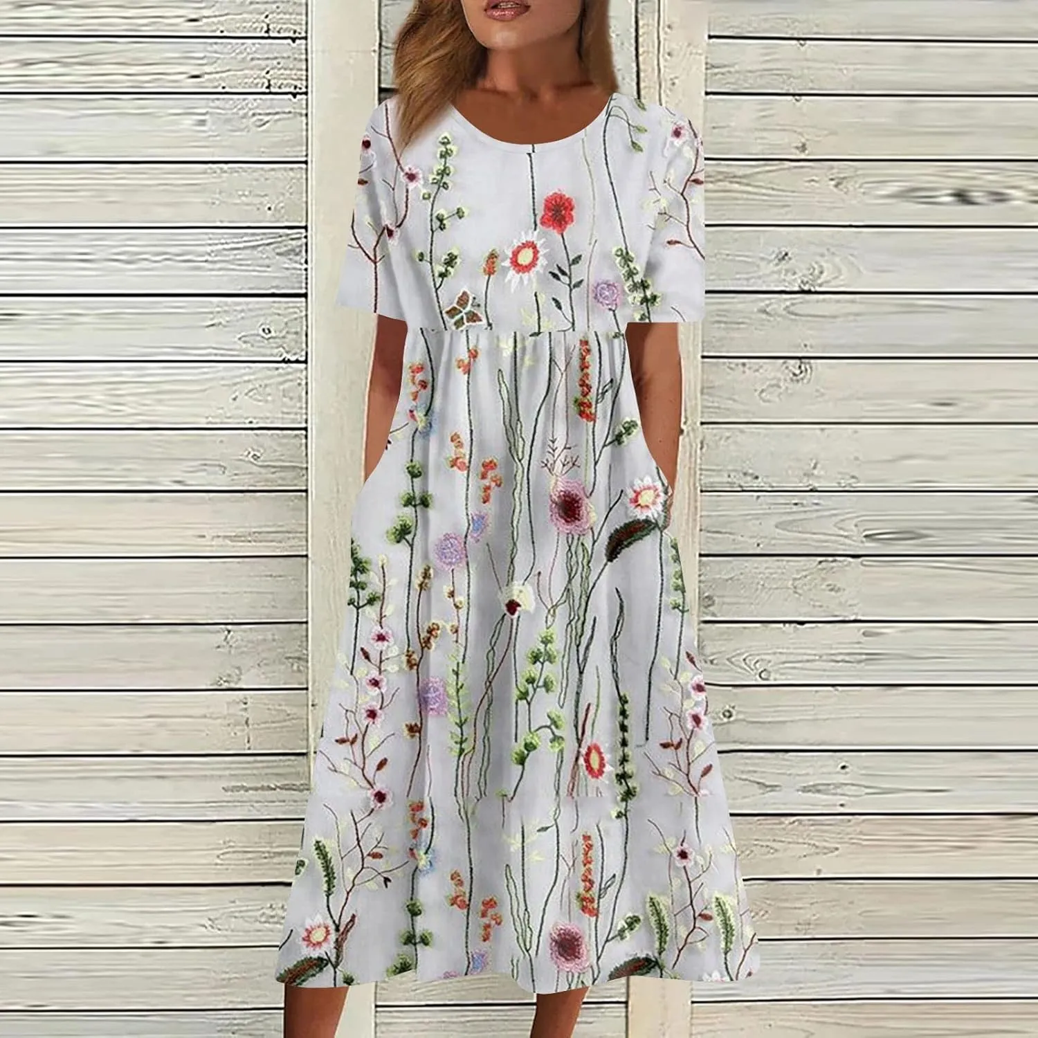 Dresses for Women 2024 Pocket Pleated Long Dresses Printed Short Sleeve Maxi Dress Round Neck Trendy Beach Dress