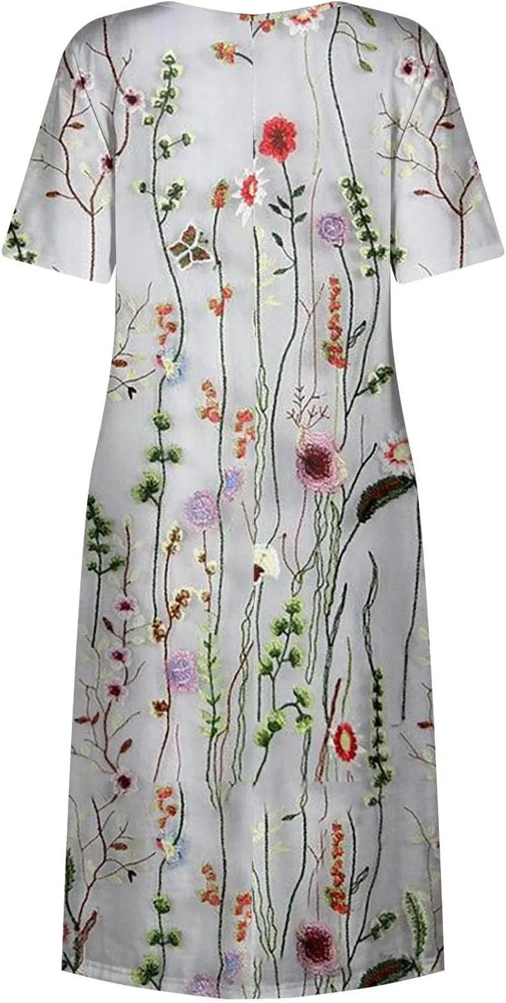 Dresses for Women 2024 Pocket Pleated Long Dresses Printed Short Sleeve Maxi Dress Round Neck Trendy Beach Dress