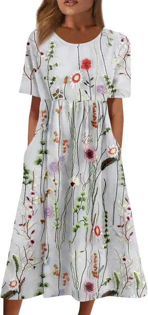 Dresses for Women 2024 Pocket Pleated Long Dresses Printed Short Sleeve Maxi Dress Round Neck Trendy Beach Dress
