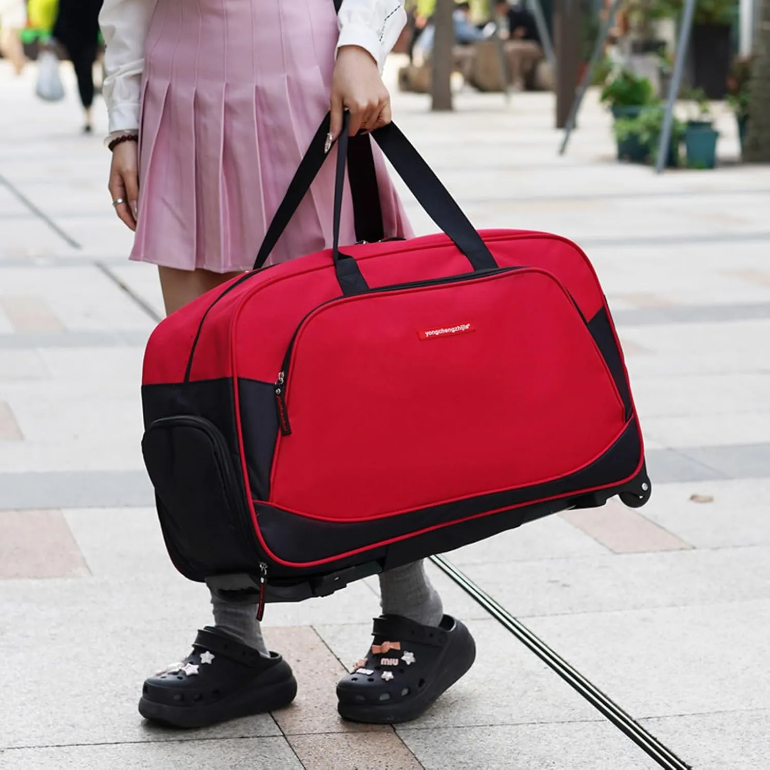 Duffel Bag with Wheels and Handle Rolling Duffle Bag for Travel Duffle Bag for Men Women Duffle Bags with Shoe Pouch for Traveling 24in,Red