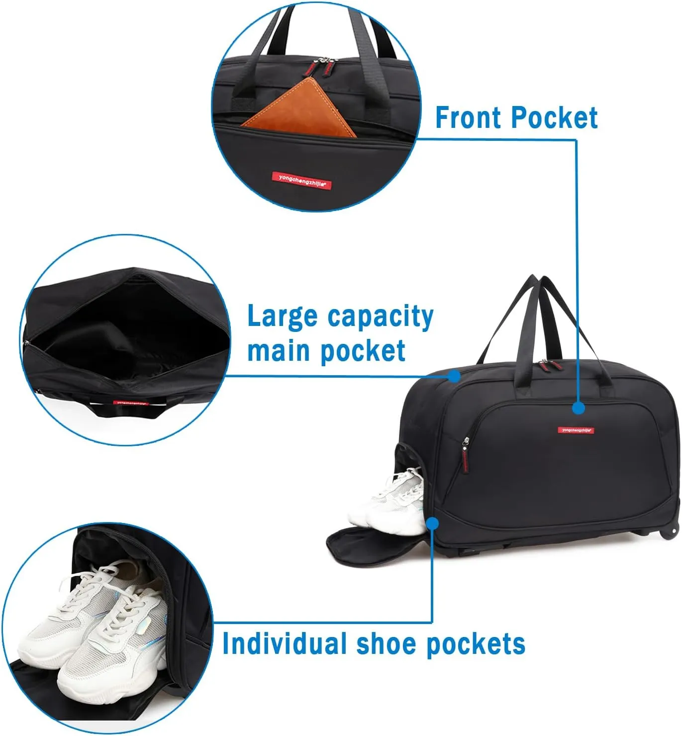 Duffel Bag with Wheels and Handle Rolling Duffle Bag for Travel Duffle Bag for Men Women Duffle Bags with Shoe Pouch for Traveling 24in,Red