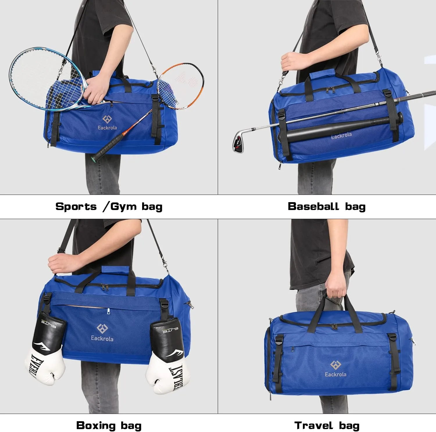 Eackrola Gym Bags for Men with Shoe Compartment Sports Duffel bag with Wet Pocket for women 65L, Blue, 65L, Gym