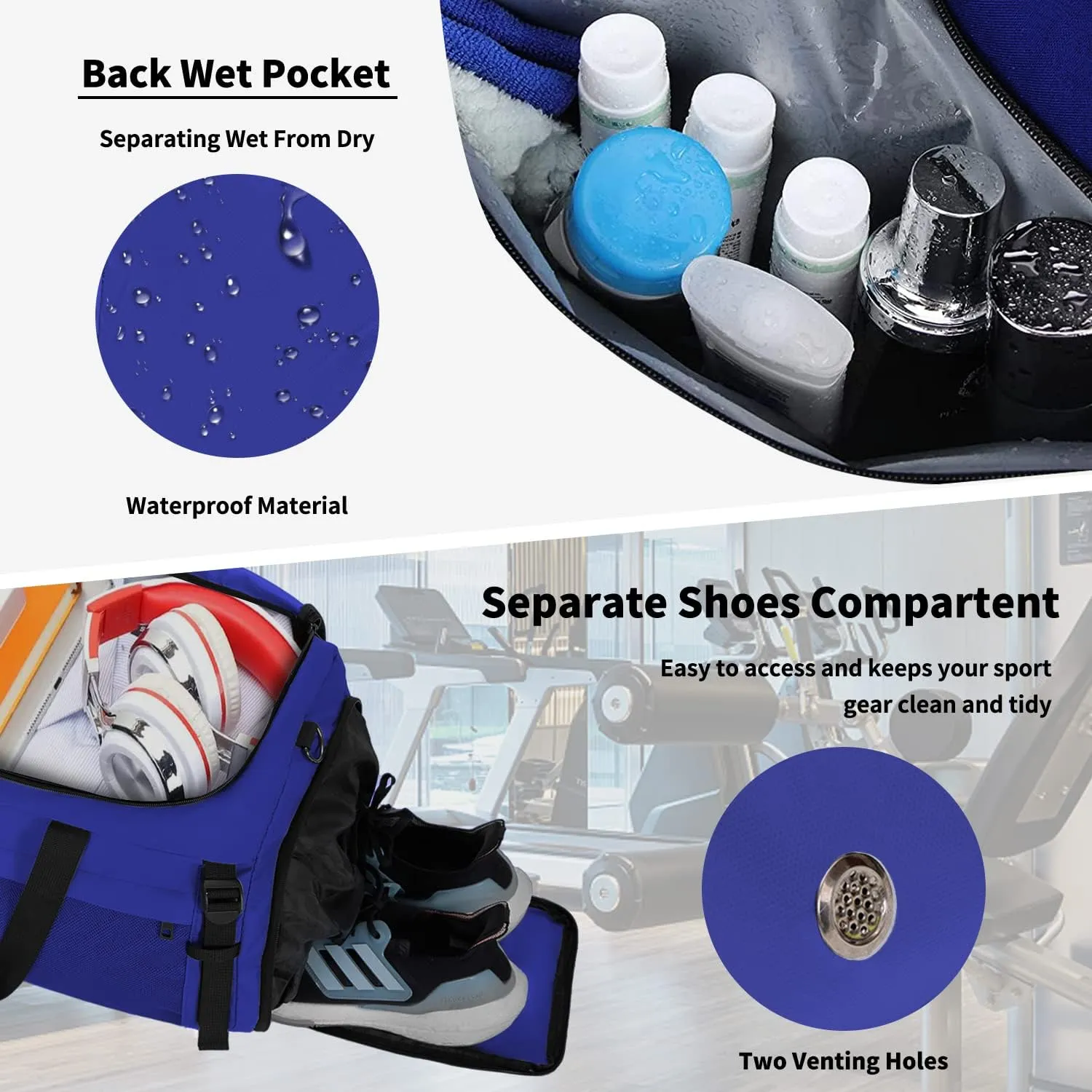 Eackrola Gym Bags for Men with Shoe Compartment Sports Duffel bag with Wet Pocket for women 65L, Blue, 65L, Gym