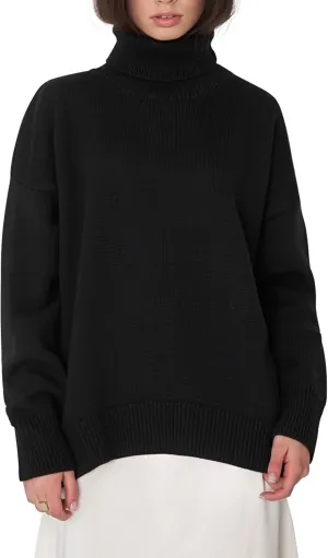 ebossy Women's Turtleneck Long Sleeve Sweaters Drop Shoulder Plain Casual Oversized Rib Knit Pullover