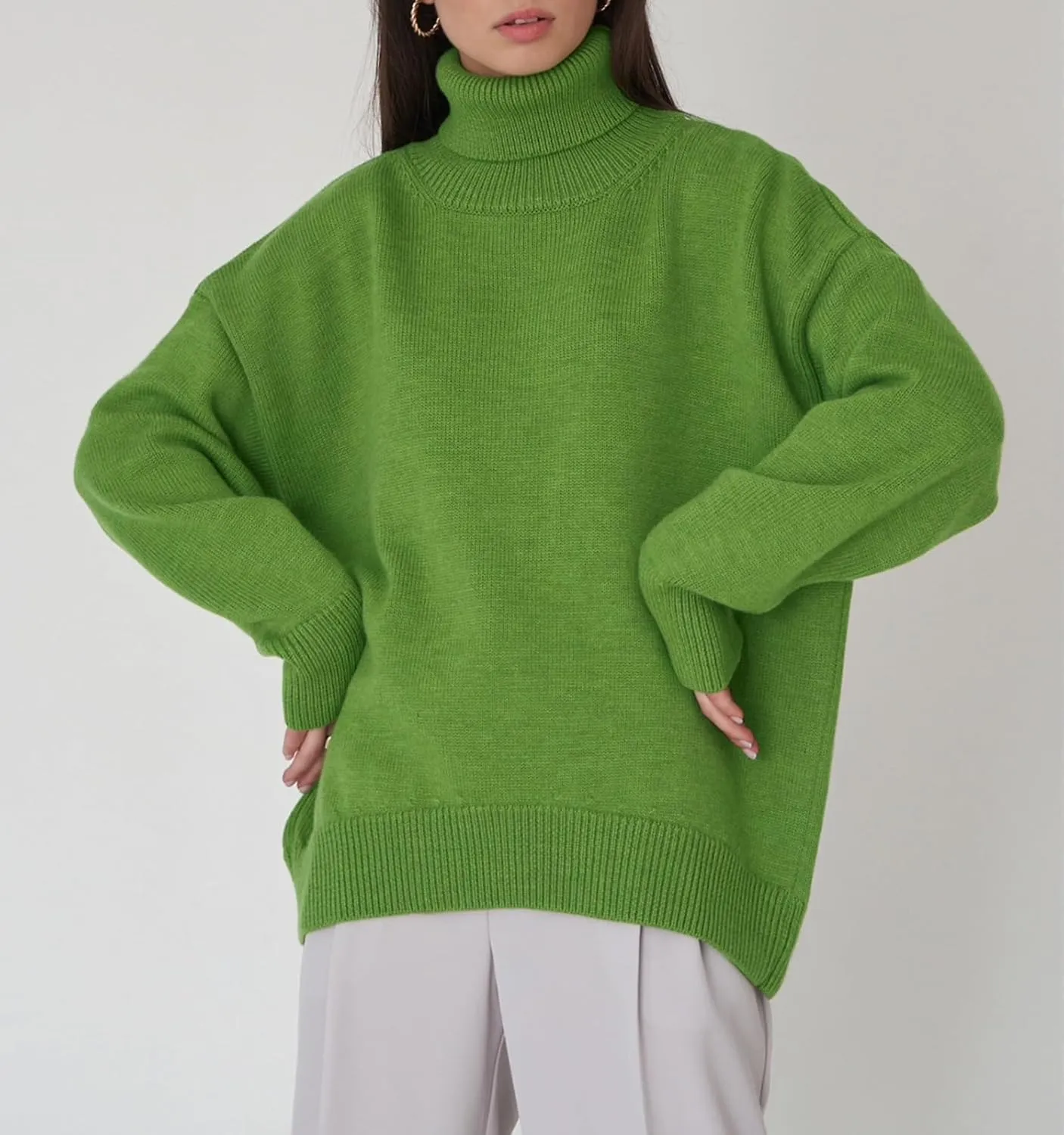 ebossy Women's Turtleneck Long Sleeve Sweaters Drop Shoulder Plain Casual Oversized Rib Knit Pullover