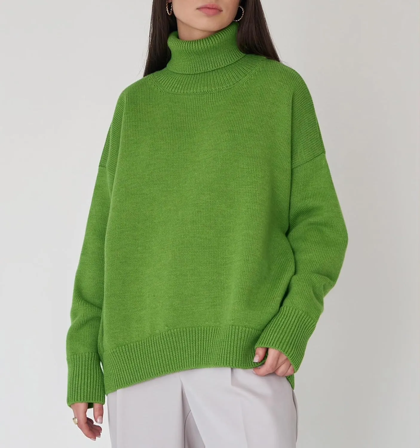 ebossy Women's Turtleneck Long Sleeve Sweaters Drop Shoulder Plain Casual Oversized Rib Knit Pullover