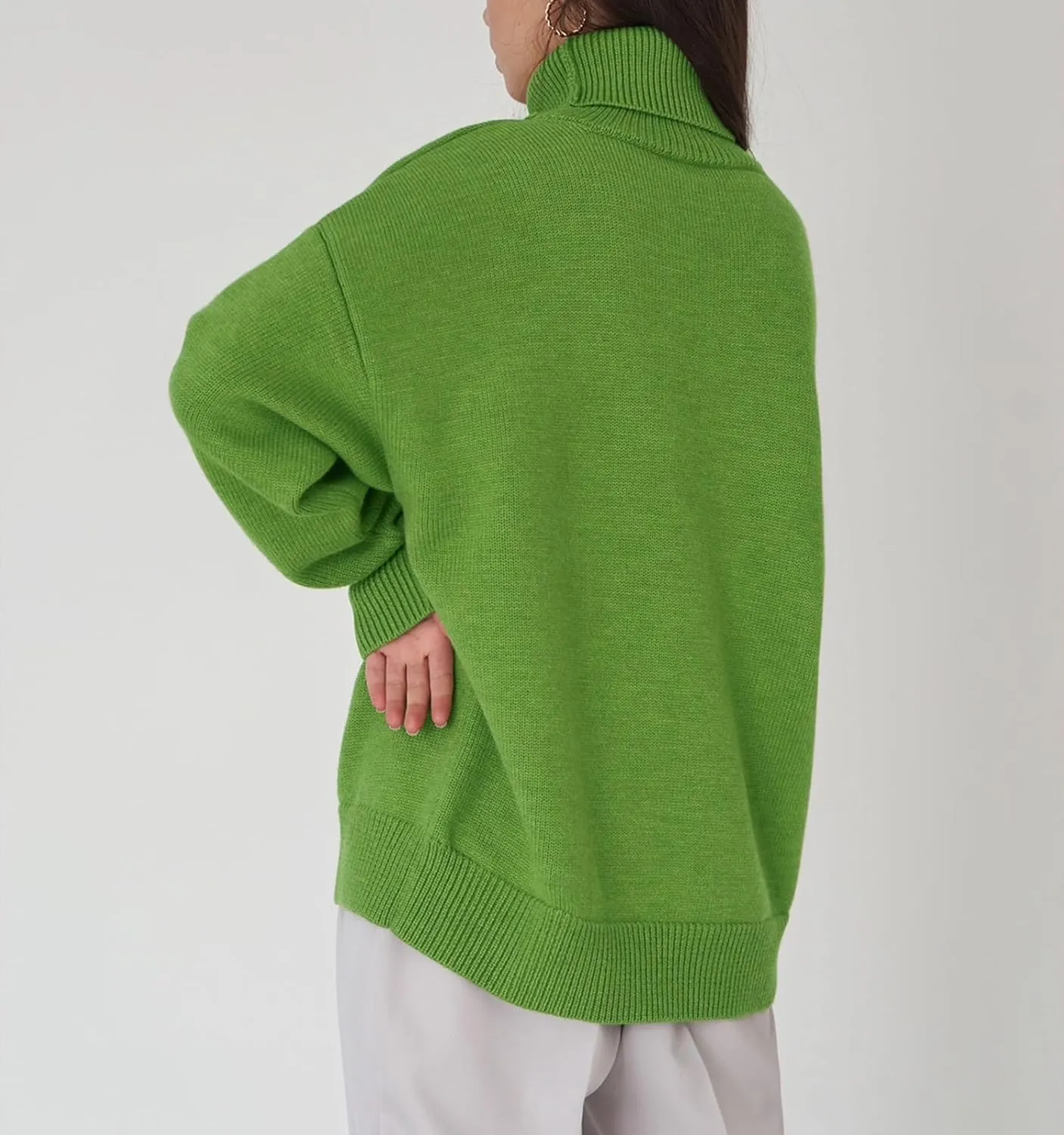 ebossy Women's Turtleneck Long Sleeve Sweaters Drop Shoulder Plain Casual Oversized Rib Knit Pullover