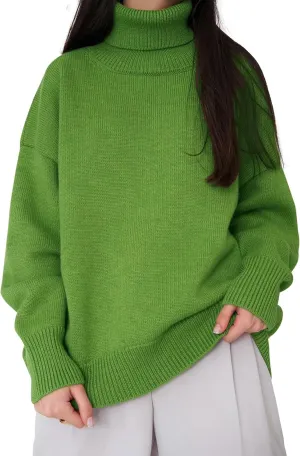 ebossy Women's Turtleneck Long Sleeve Sweaters Drop Shoulder Plain Casual Oversized Rib Knit Pullover