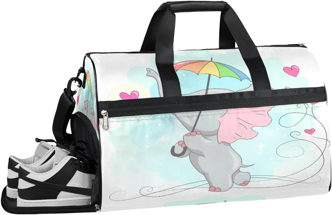 Elephant Umbrella Sports Gym Bag with Wet Pocket & Shoes Compartment Waterproof Workout Duffel Bag for Women and Men Weekender Overnight Duffle Bag Travel Carry-on Tote